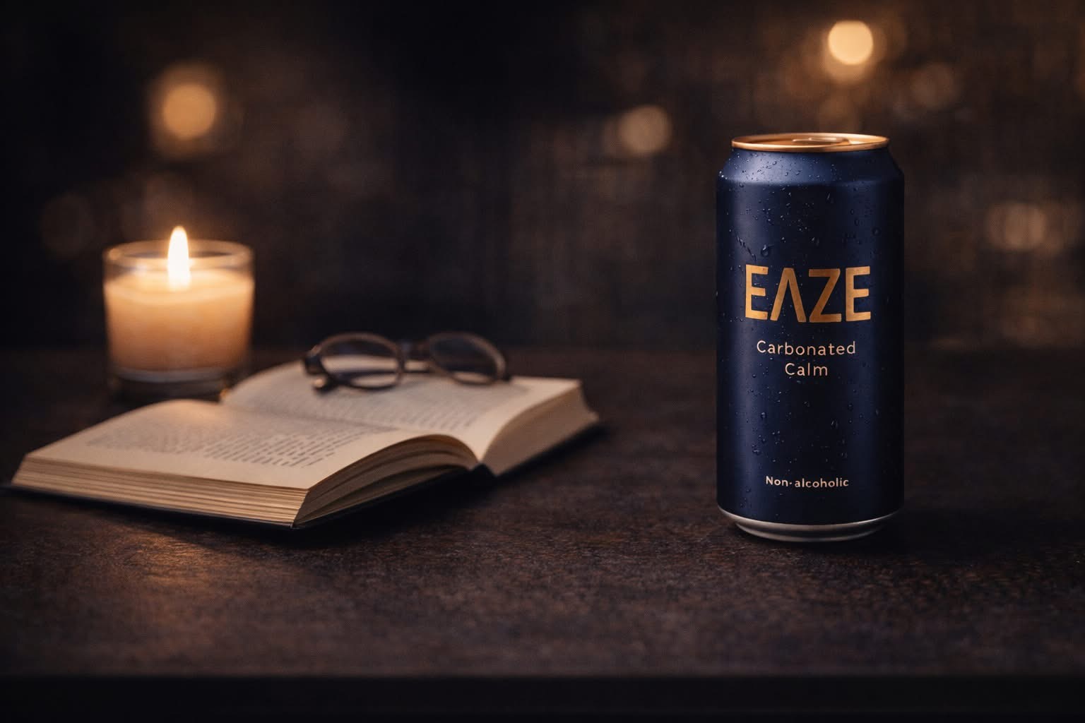 EAZE Carbonated Calm beverage beside a book and candle