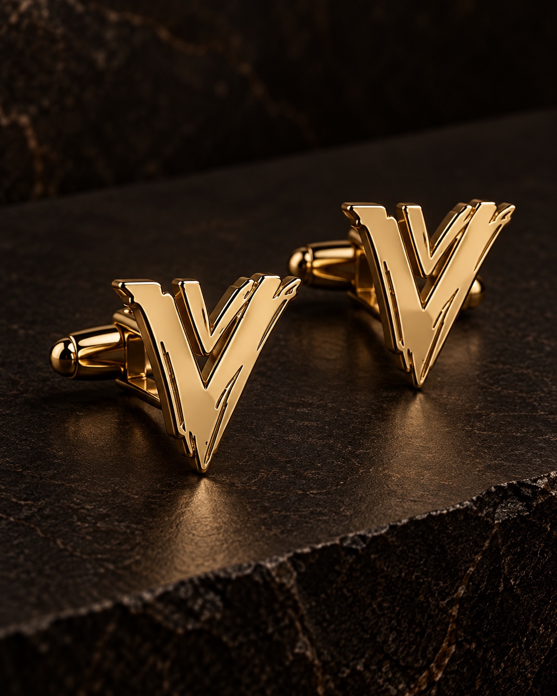 AI-assisted product visualization of gold stacked-VV cufflinks