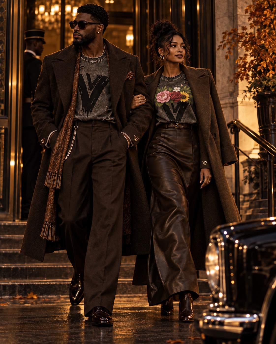 VZNRY VIBE couple styled in elevated streetwear outside a hotel