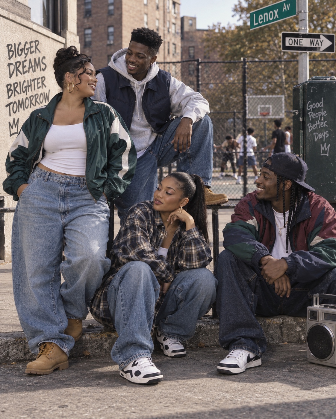 Friends in VZNRY VIBE ’90s Capsule looks at a neighborhood basketball court