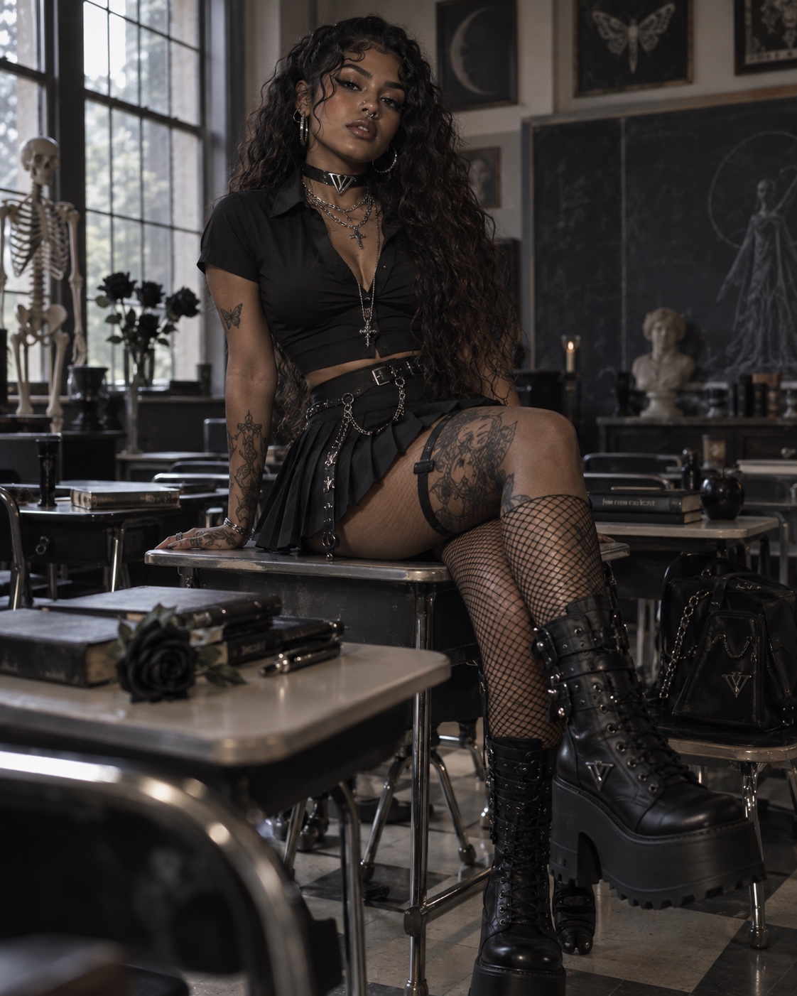 Gothic classroom fashion portrait