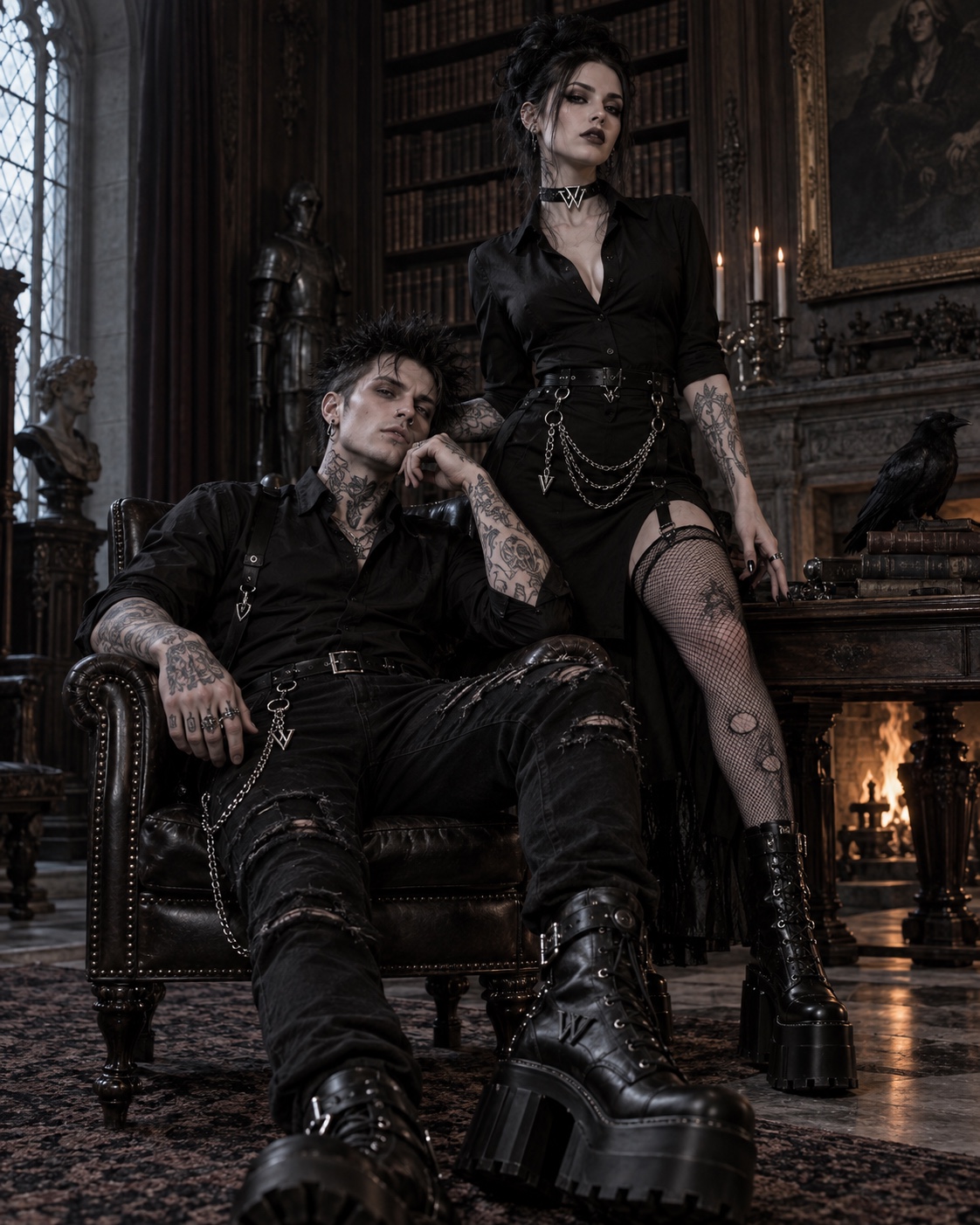 Gothic couple inside a dramatic interior