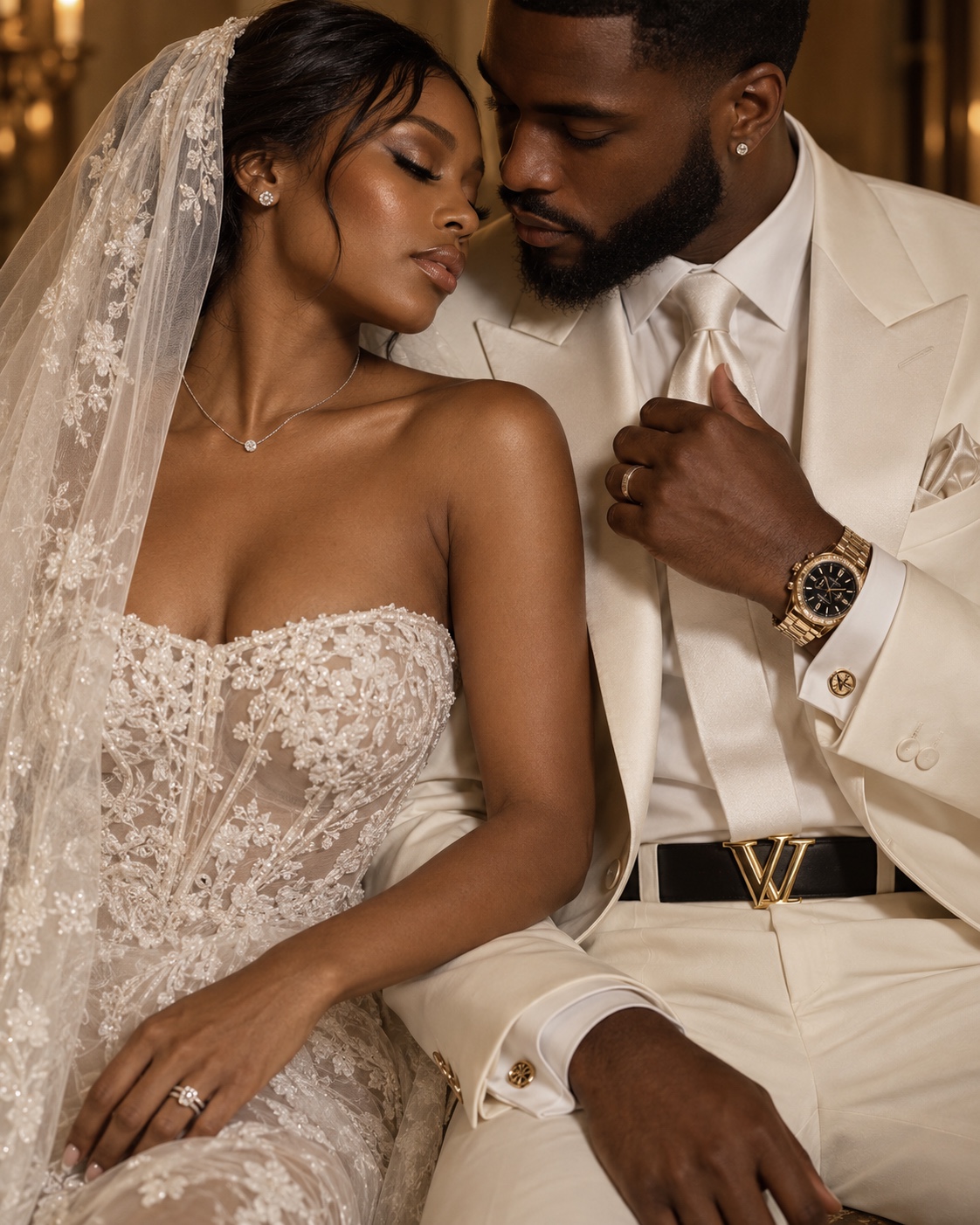 Intimate bride and groom editorial portrait