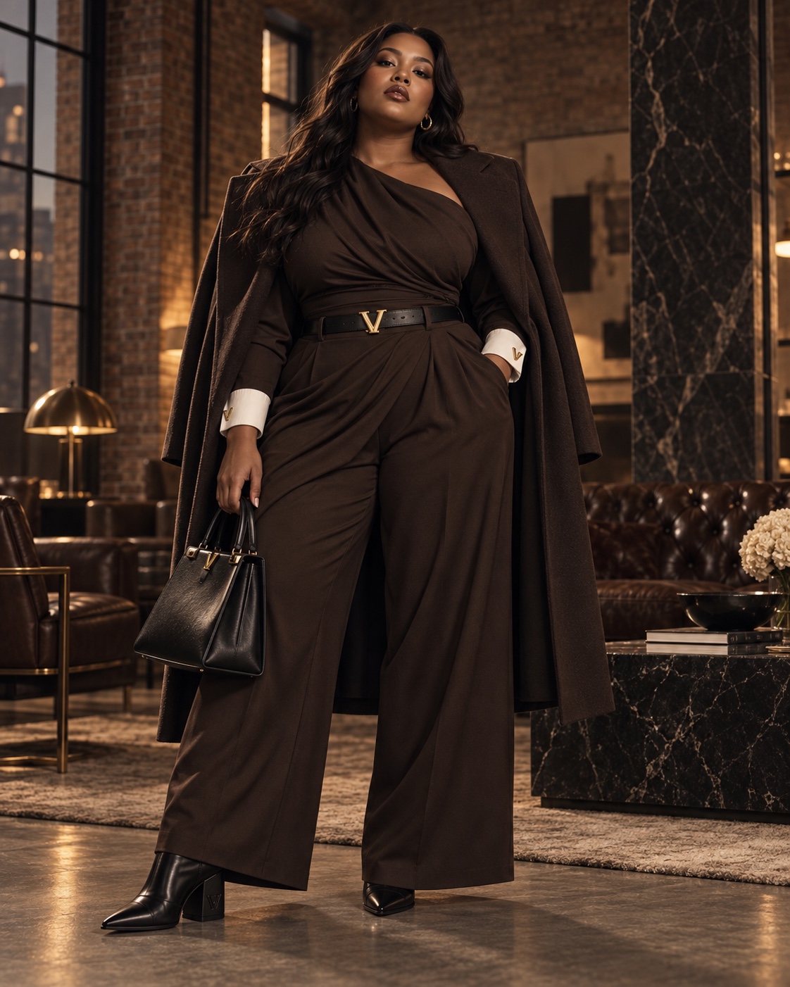 Monochromatic tailored brown womenswear editorial