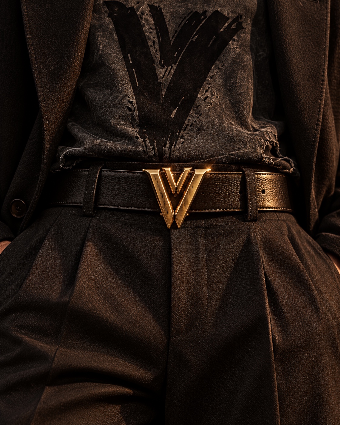 Distressed VZNRY VIBE graphic tee styled with tailored trousers and house belt hardware