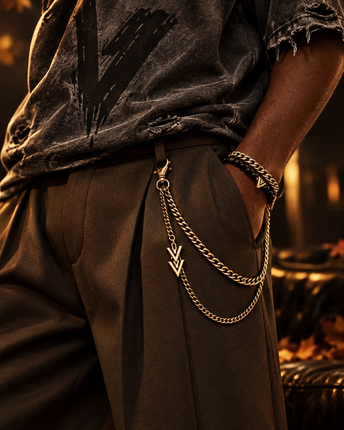 Original distressed VZNRY VIBE graphic tee with tailored trousers and layered pocket chains